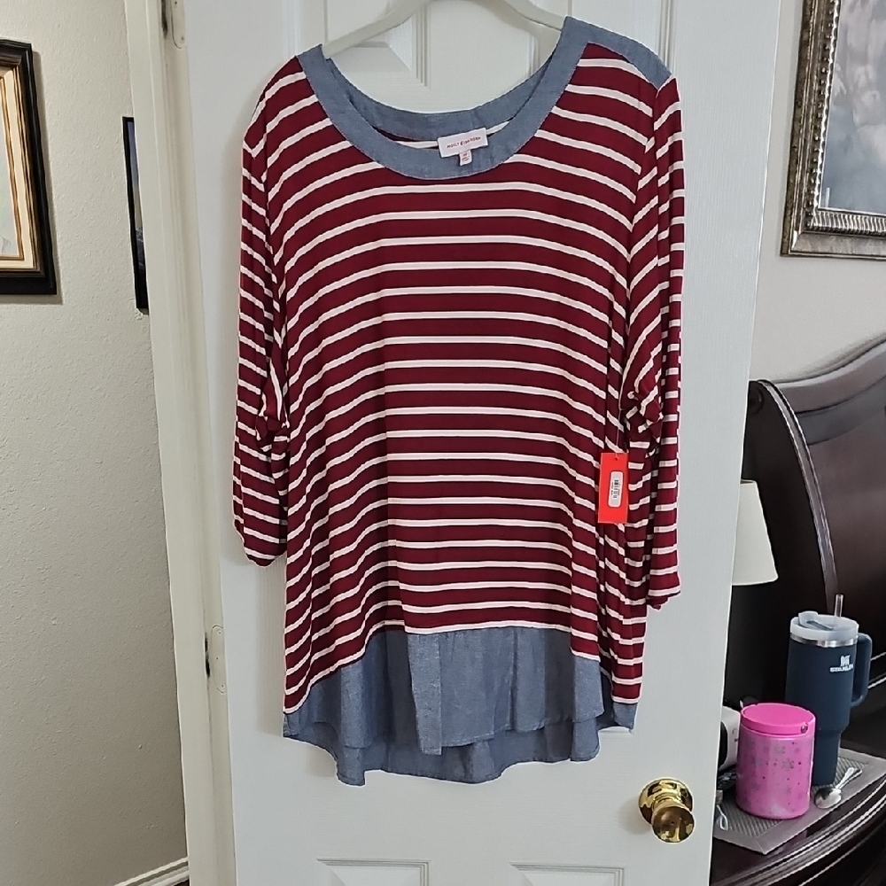 Chic Striped Long Sleeve Top in Red and Cream